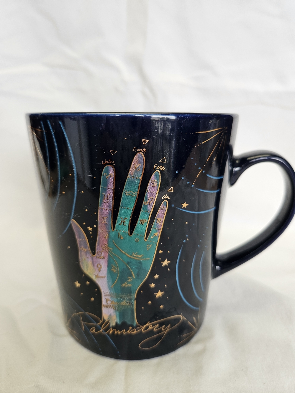 Navy Palmistry Ceramic Mug with Iridescent Hand Design